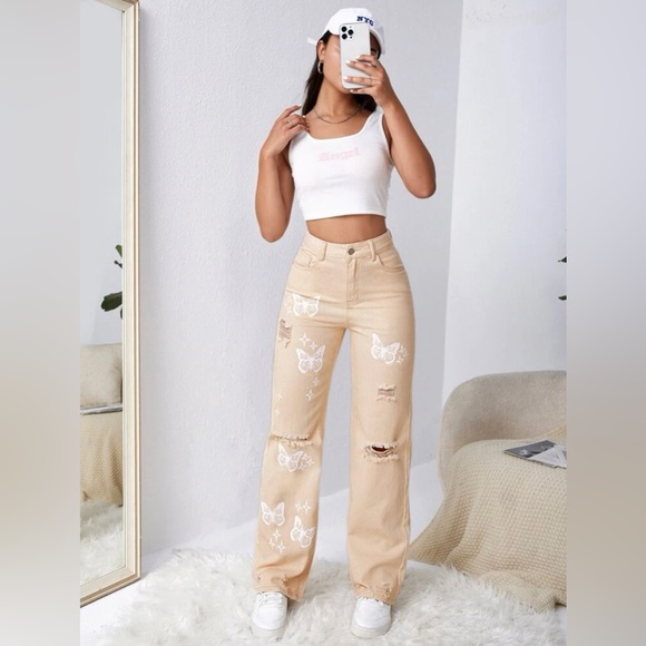 Bleach Wash Ripped Detail Butterfly khaki Jeans - Picture 2 of 13